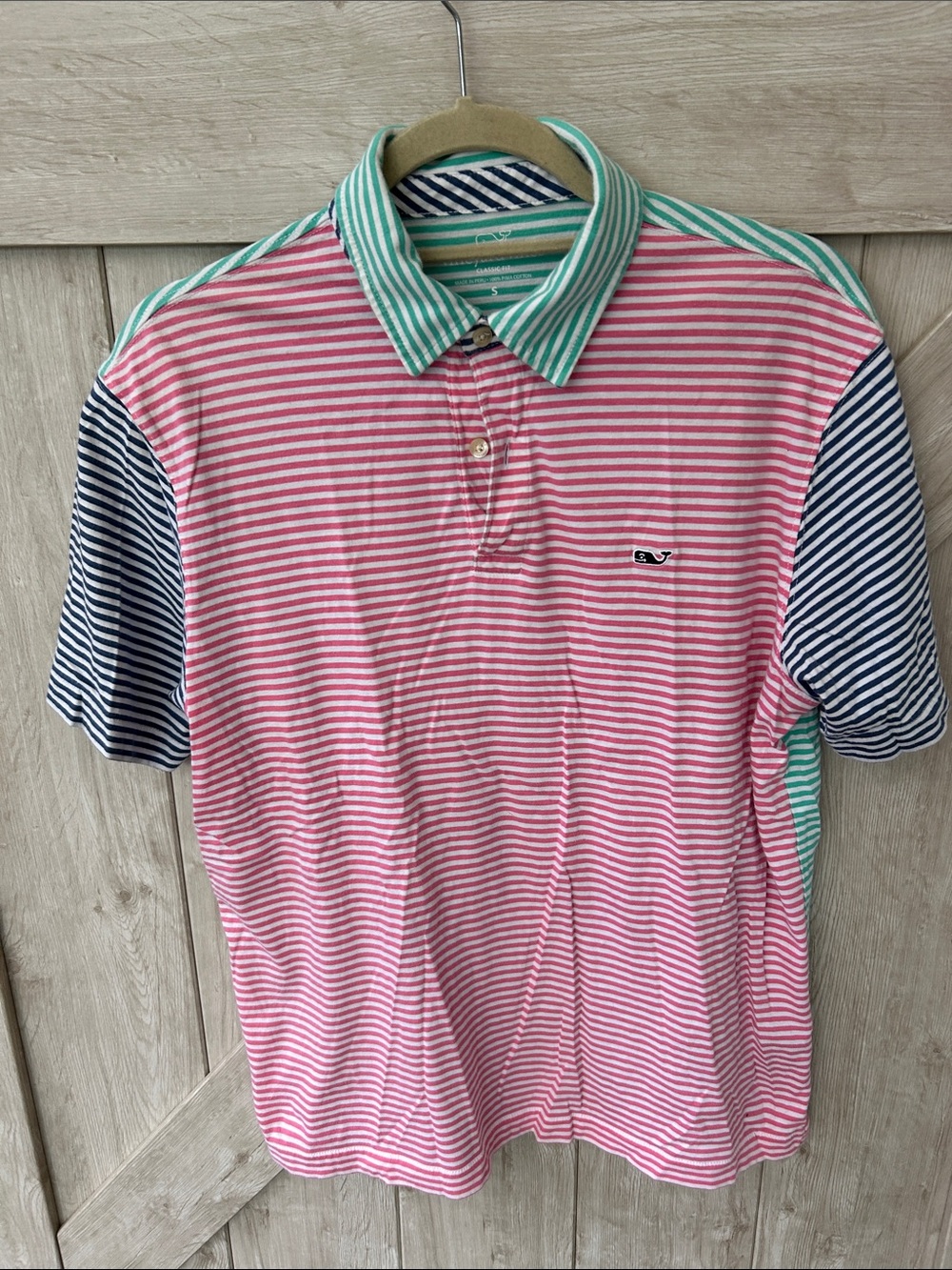 Vineyard Vines Pink and White Striped Polo with Navy and Mint Accents